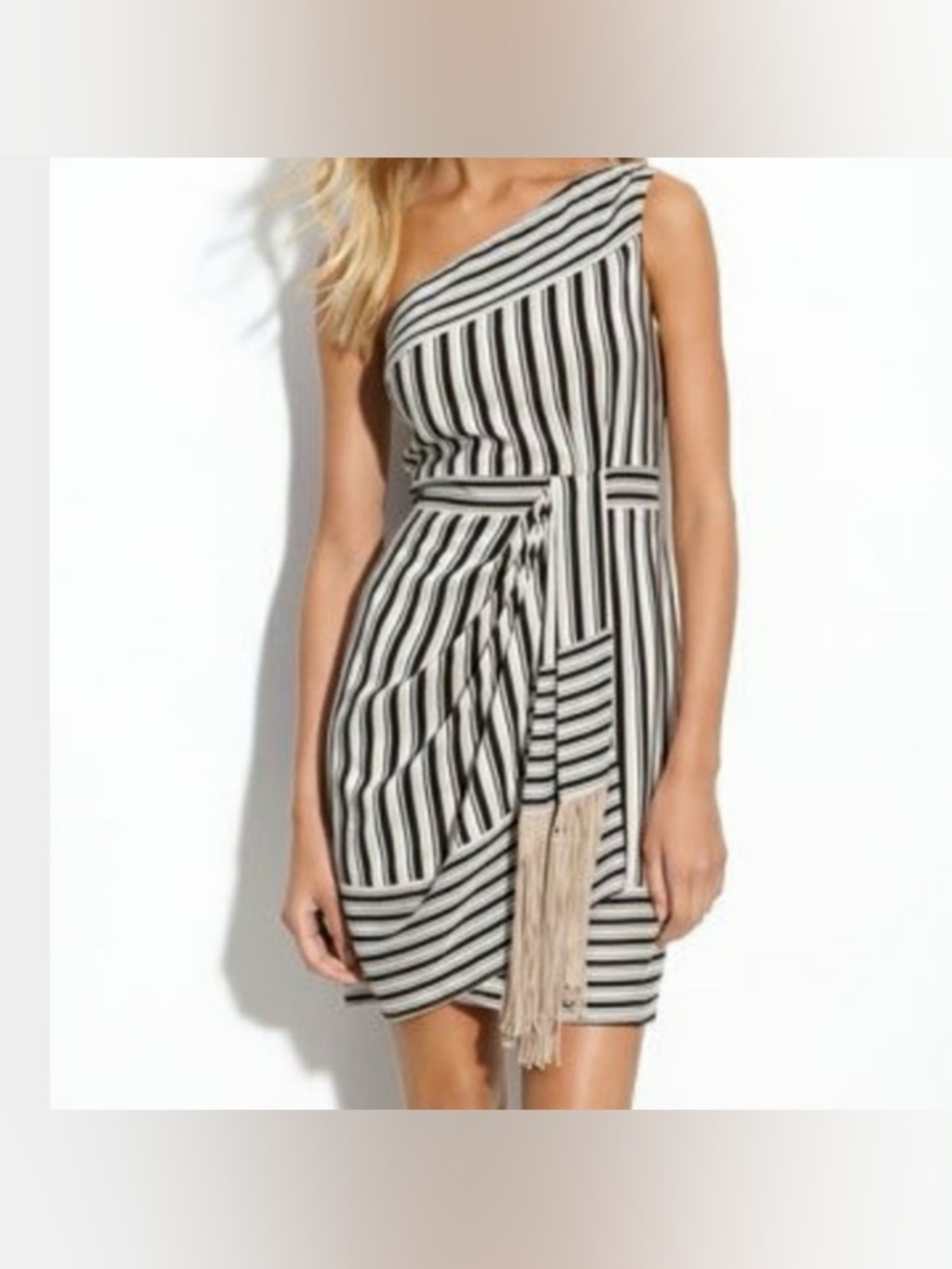 BCBGMaxAzria One-Shoulder Black and White Striped Dress with Tassel Belt